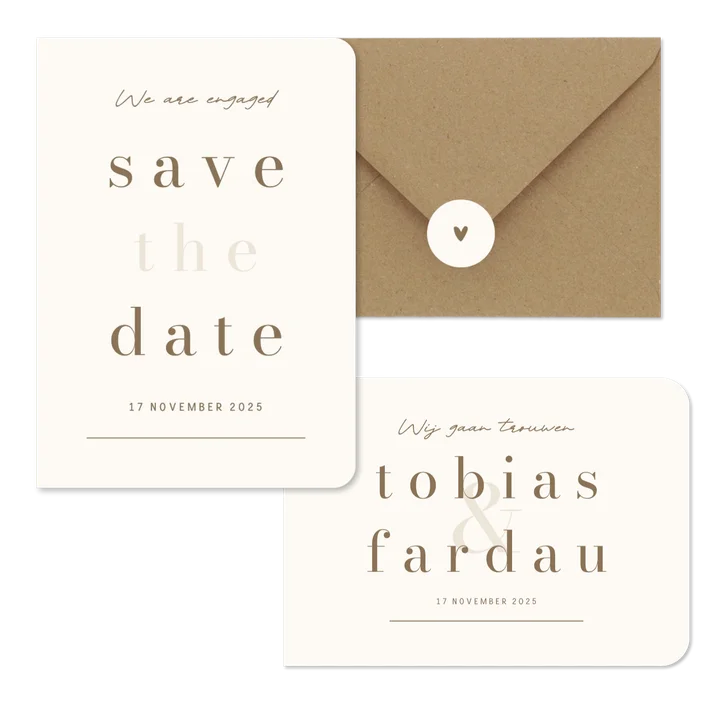 Minimalistische trouwkaart beige met bruin streep