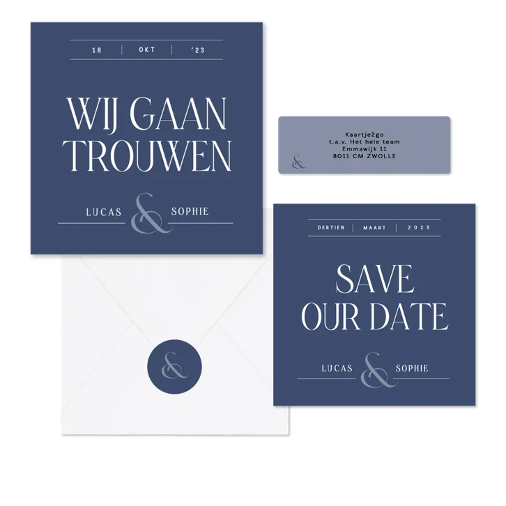 Stijlvolle donkerblauwe trouwset met lijntjes