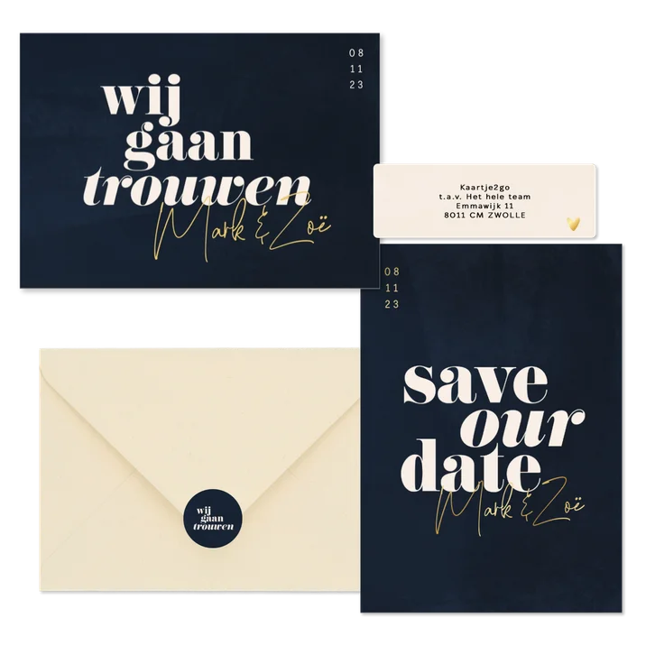 Trouwset donkerblauw met bold tekst en goud