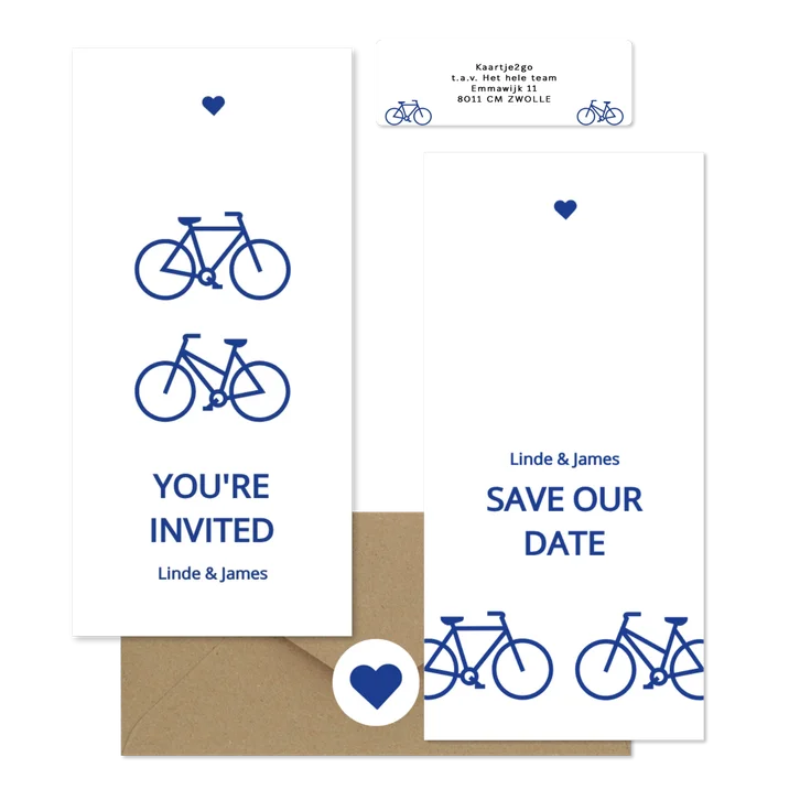 Moderne trouwkaartenset met blauwe fietsen
