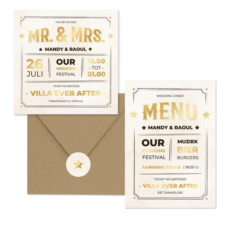 Moderne trouwset ticket vintage stijl met goud