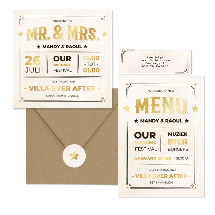 Moderne trouwset ticket vintage stijl met goud