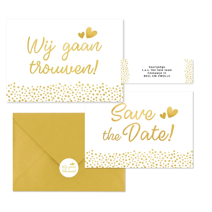 Witte trouwkaarten set met gouden stipjes 