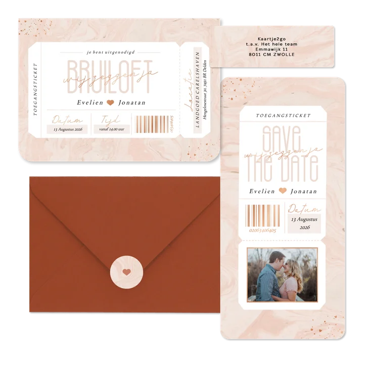 Trouwkaarten set met tickets op roze marmer