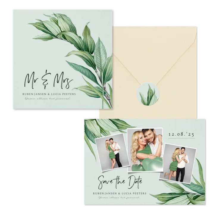 Botanische trouwset met groene bladeren