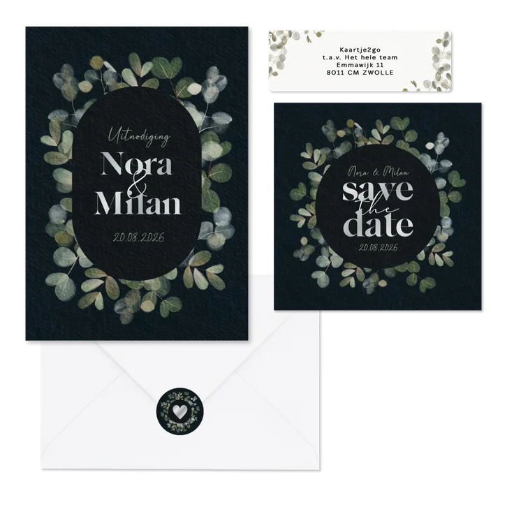 Trouwset waterverf eucalyptus donkerblauw