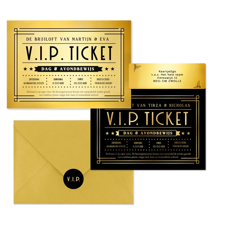 Trouwkaartenset VIP ticket goud