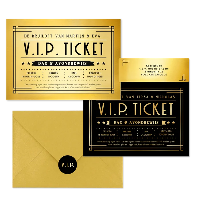 Trouwkaartenset VIP ticket goud