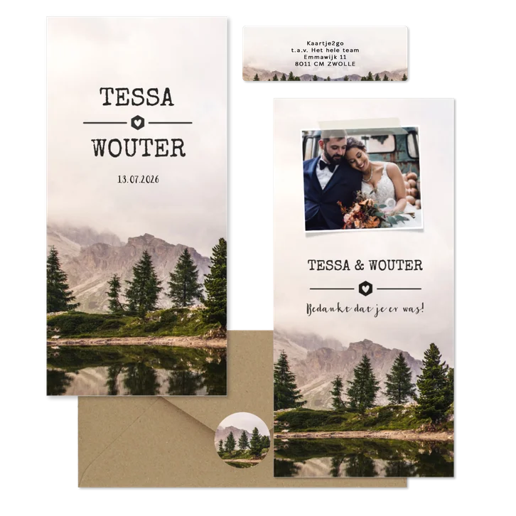 Trouwkaartenset berglandschap met vaste foto
