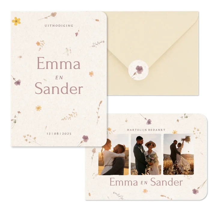 Natuurlijke trouwset met geperste bloemen en papier textuur