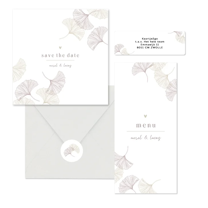 Trouwset met lijntekening van ginkgoblaadjes