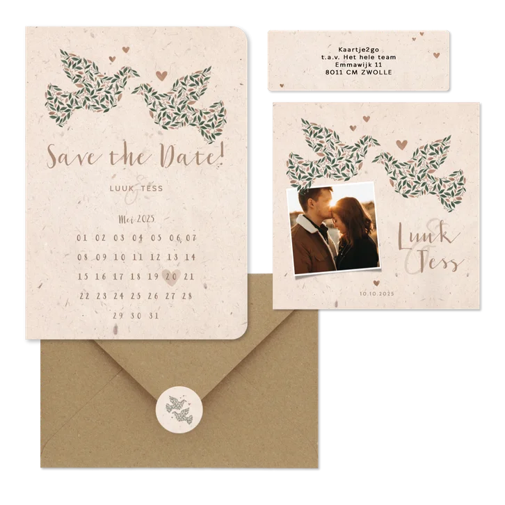 Trouwset kraftlook met duiven van bloemen