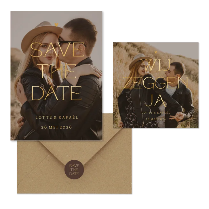 Trouwset simpel met foto en goudfolie