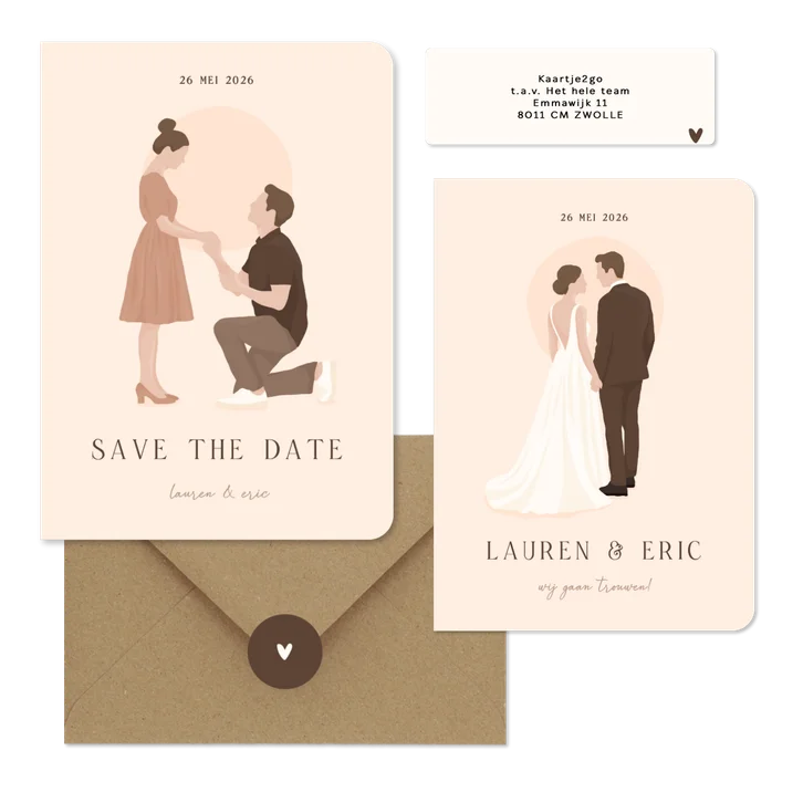 Trouwset met illustratie portretten van bruidspaar