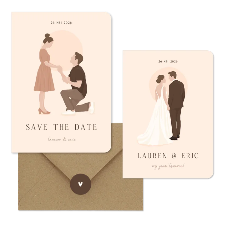 Trouwset met illustratie portretten van bruidspaar