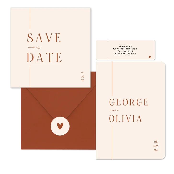 Trouwset minimalistische beige met terracotta lijn