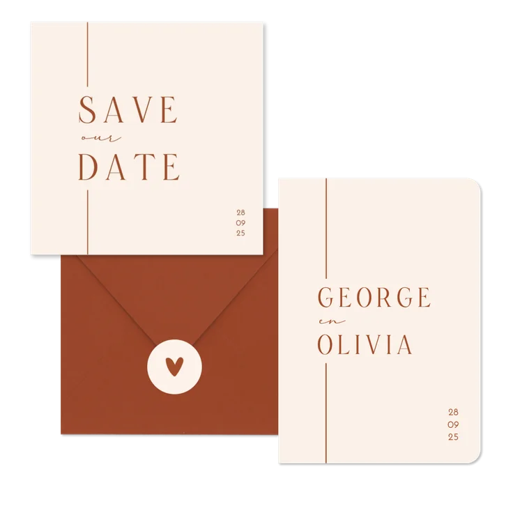 Trouwset minimalistische beige met terracotta lijn