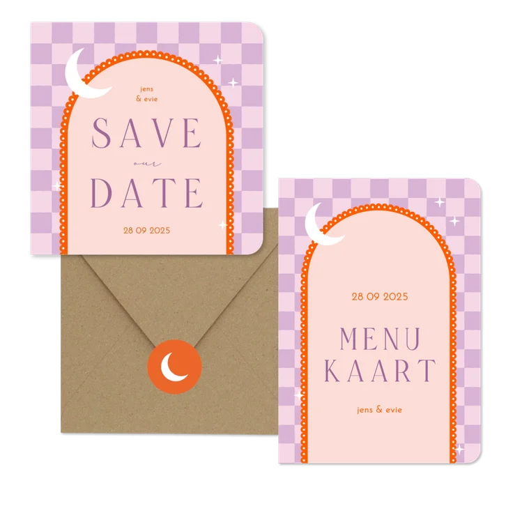 Moderne trouwset met lila ruitjes en oranje boog met maan