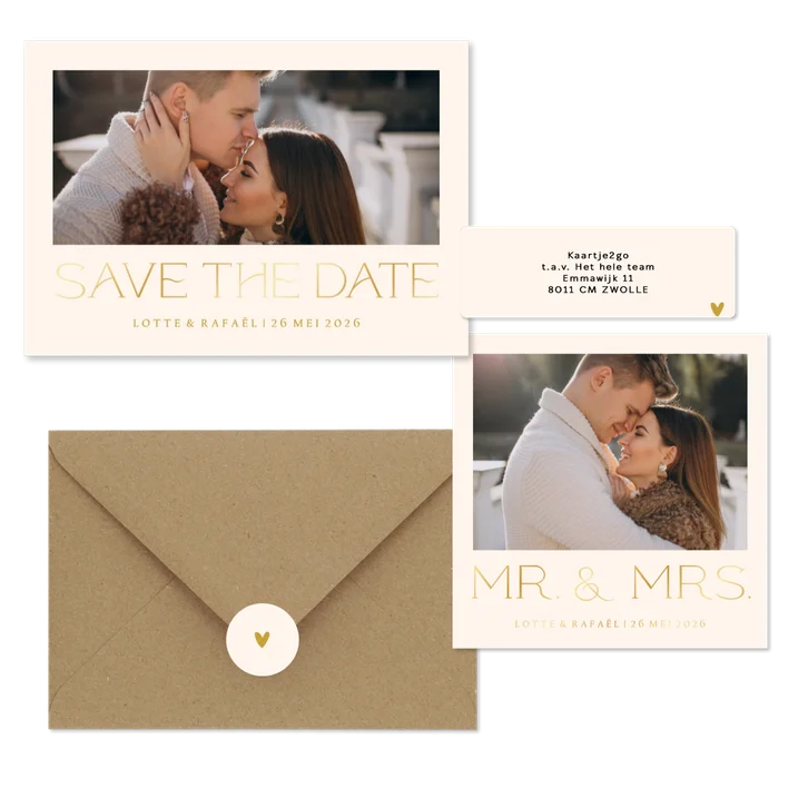 Simpele trouwset met foto en goudfolie