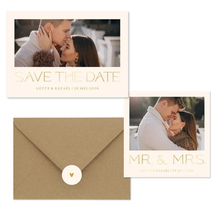 Simpele trouwset met foto en goudfolie