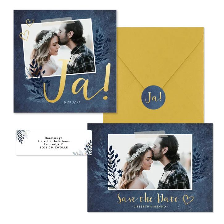 Botanische trouwset met gouden tekst en foto