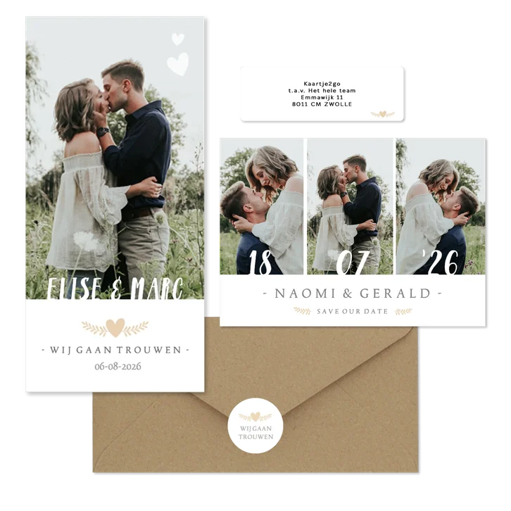 Trouwset stijlvol collage met letters, takje