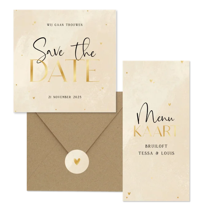 Trouwen steenlook beige gouden hartjes stipjes