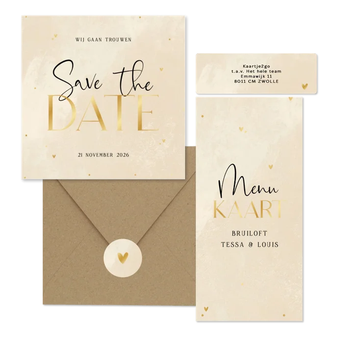 Trouwen steenlook beige gouden hartjes stipjes