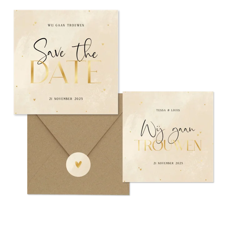 Trouwen steenlook beige gouden hartjes stipjes