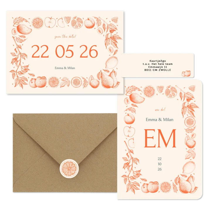 Trouwset met vintage lijntekeningen van fruit