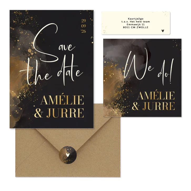 Stijlvolle trouwset donkergrijs waterverf goud handgeschreven