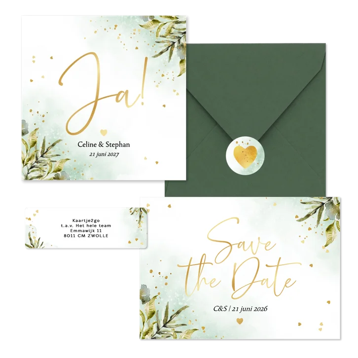 Trouwset botanische bladeren waterverf goud