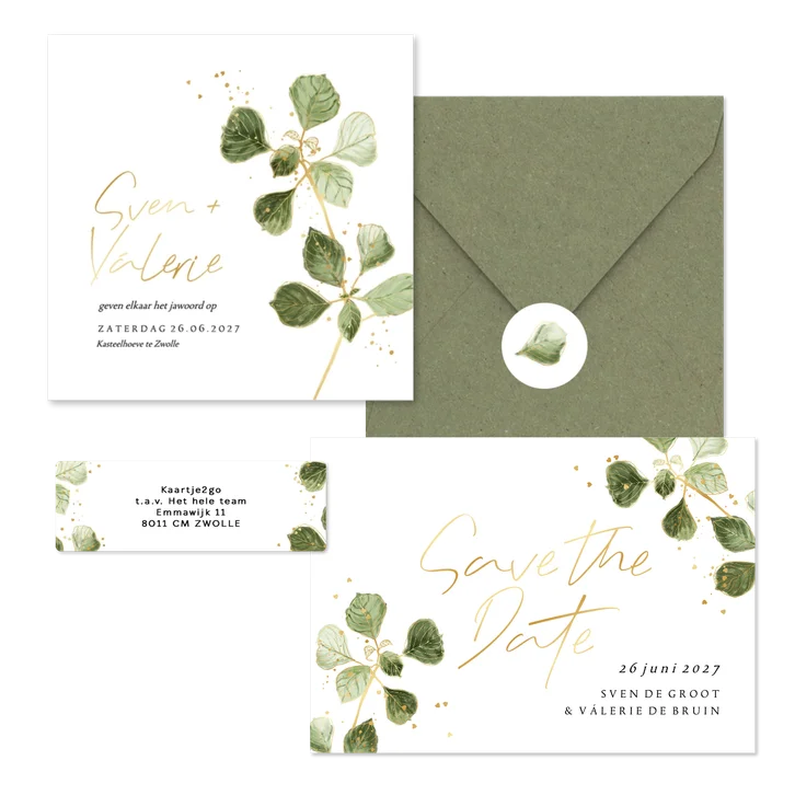 Trendy set geïllustreerde bladertak met goud