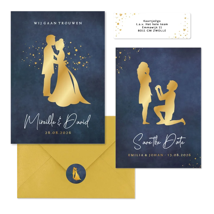 Trouwset met gouden silhouetten en spetters