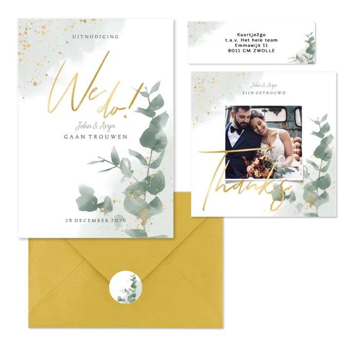 Stijlvolle trouwset met waterverf eucalyptus 