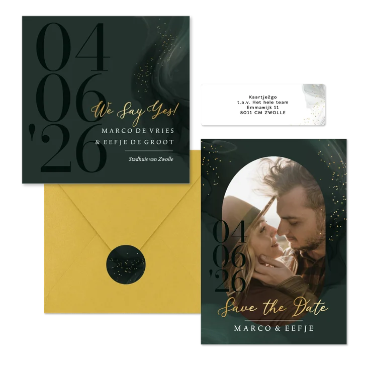 Trouwkaartenset soft groen en spetters goud