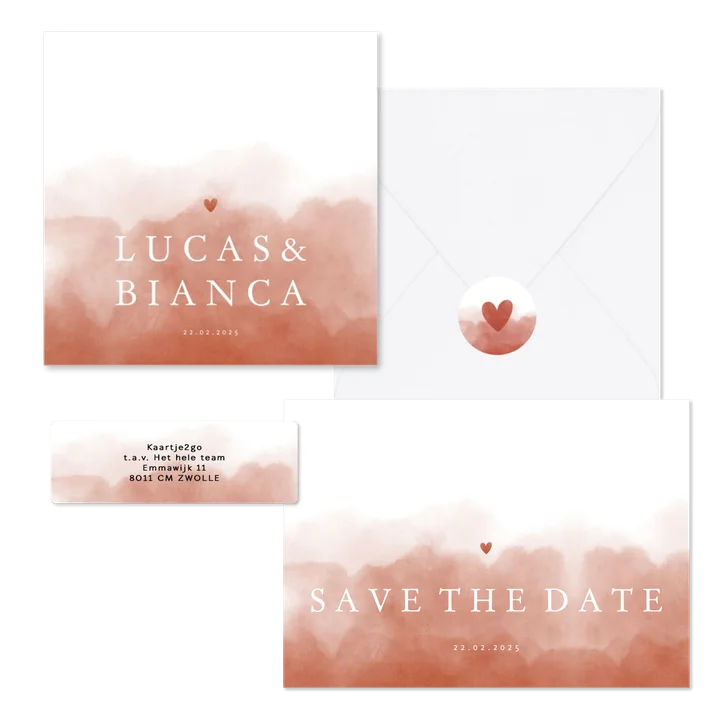 Stijlvolle terra waterverf trouwset en hartje