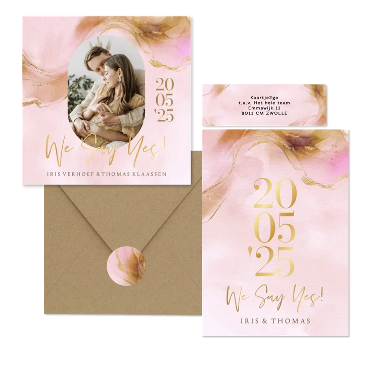 Stijlvolle trouwset warm watercolor met goud