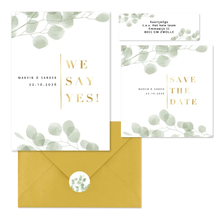 Stijlvolle trouwset groene eucalyptus takjes