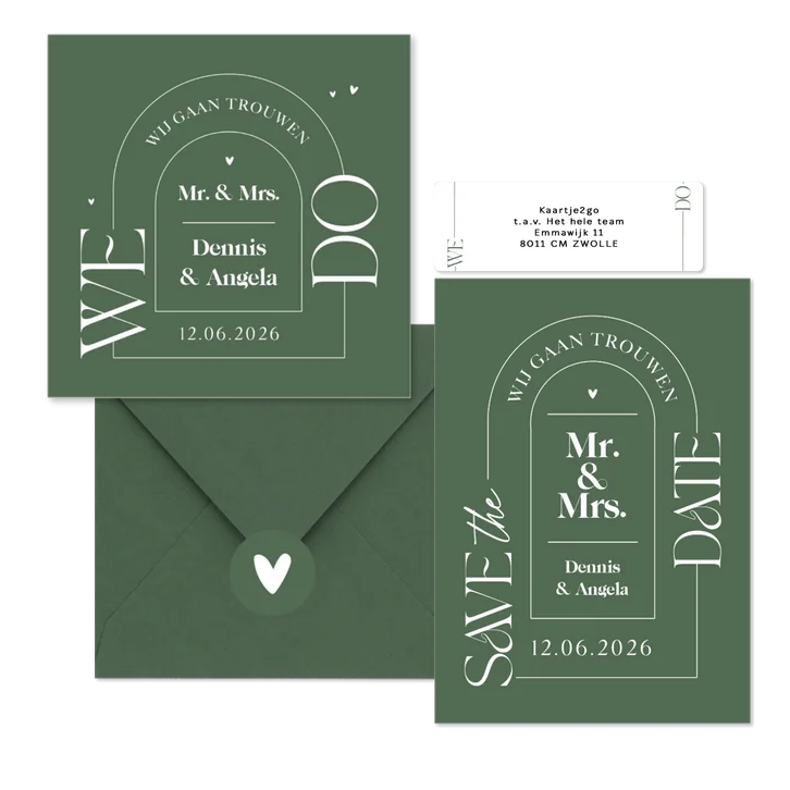Trouwset grafisch olijfgroen boog hartjes
