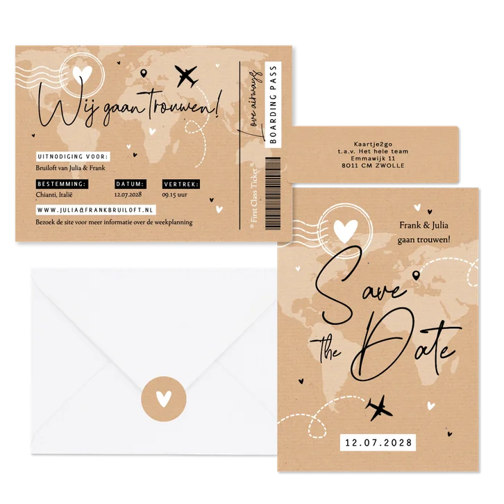 Trouwset kraft ticket paspoort wereld reizen