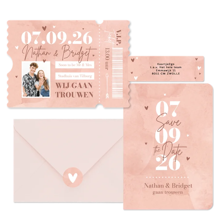 Trouwkaarten roze waterverf hip hartjes ticket