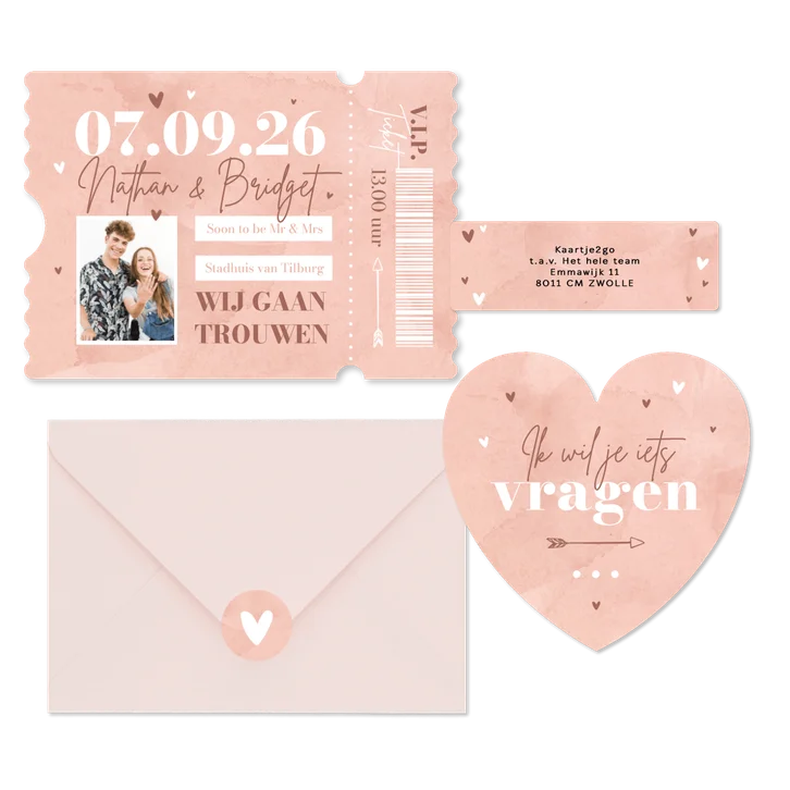 Trouwkaarten roze waterverf hip hartjes ticket
