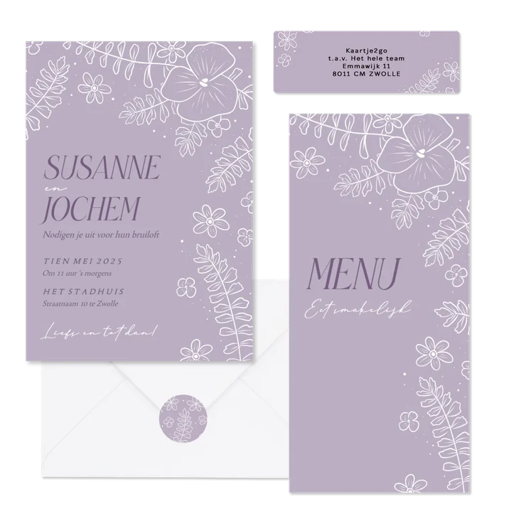 Lila trouwset met bloemen in witte lijnen