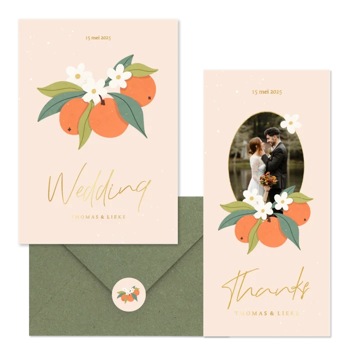 Zomerse trouwset met sinaasappels en goudfolie