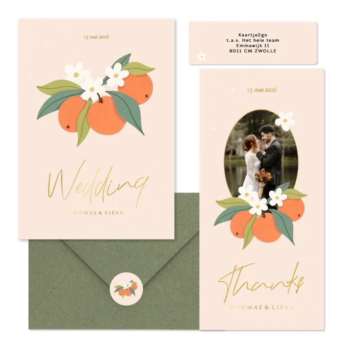 Zomerse trouwset met sinaasappels en goudfolie