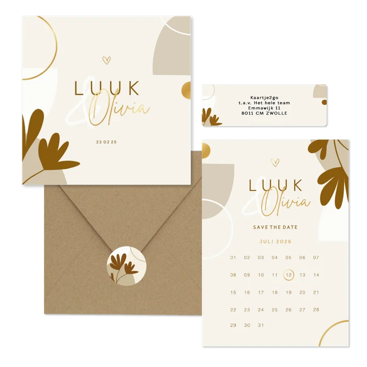 Trouwkaartenset naturel met abstracte vormen