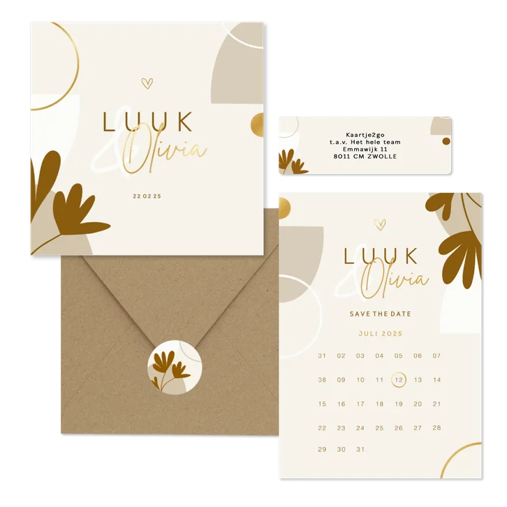 Trouwkaartenset naturel met abstracte vormen