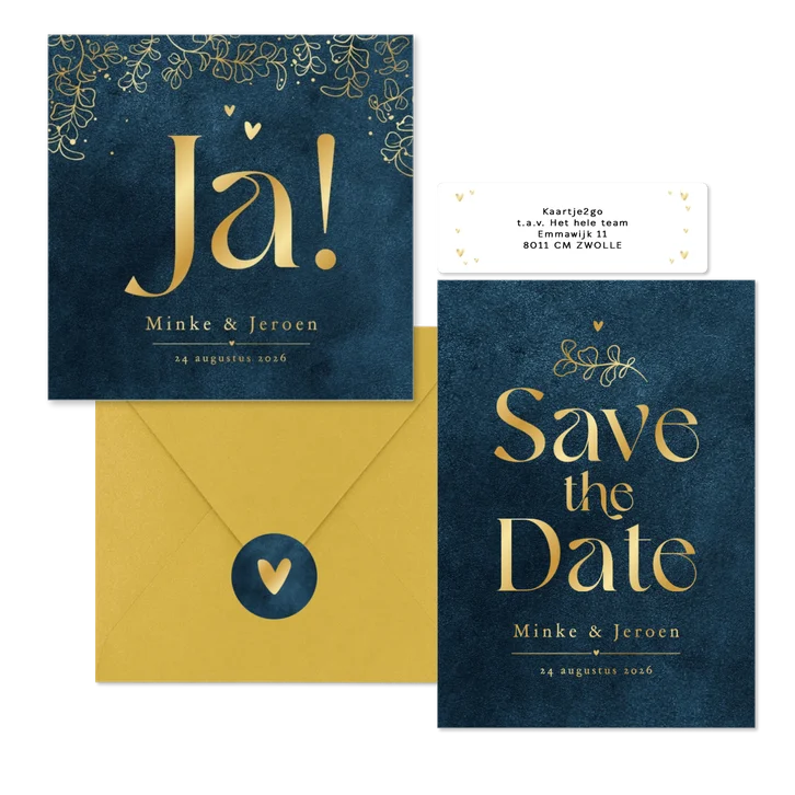 Trouwset velvet blauw eucalyptus lineart goud