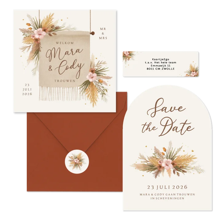 Trouwkaarten romantisch bohemian droogbloemen en gras